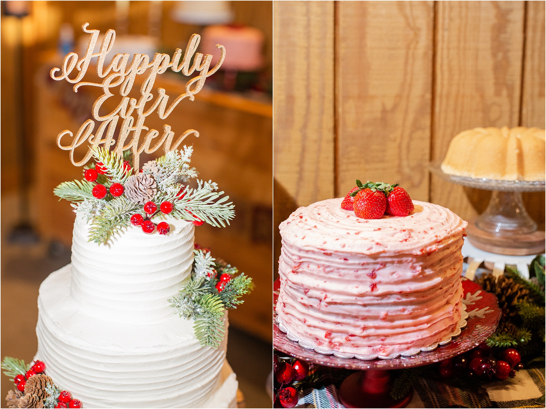 pictures of a wedding cake and a strawberry cake at a reception